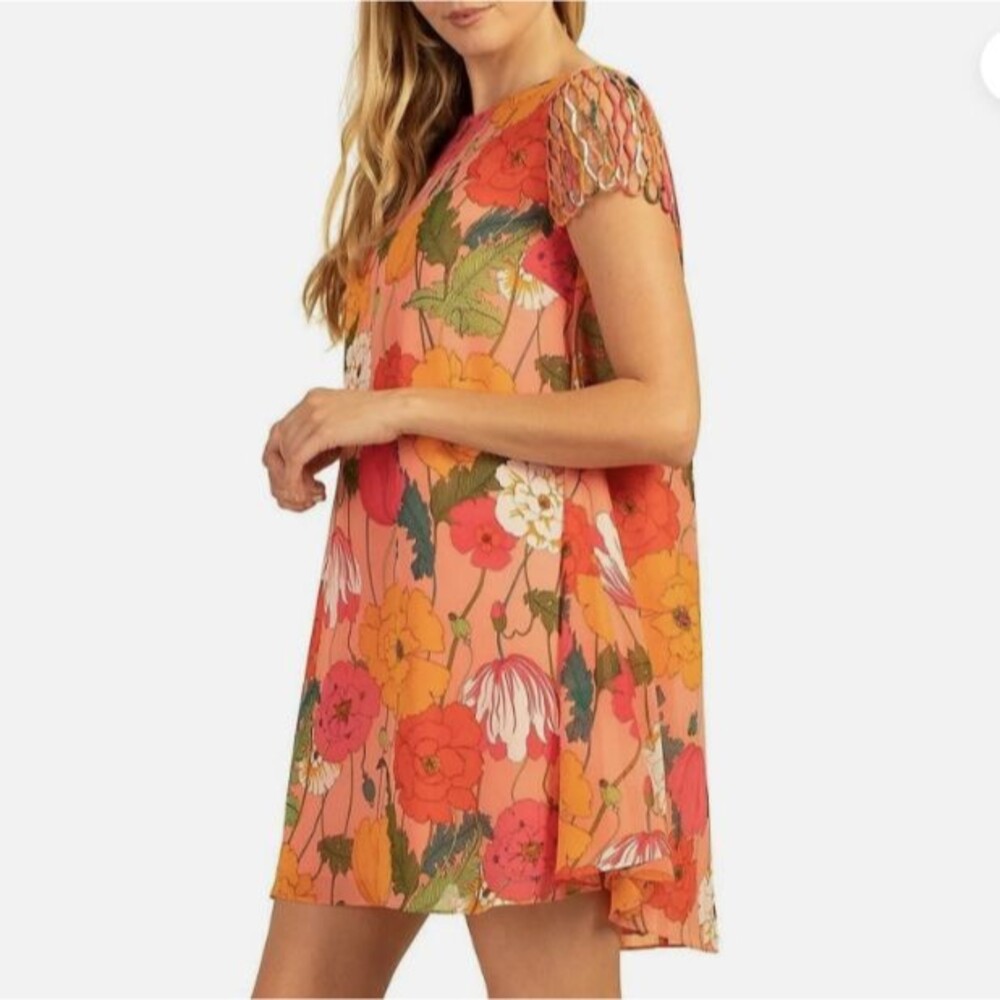 Trina Turk Retro Floral Swing Mini Dress Womens XS Pink Orange Maximalist Boho